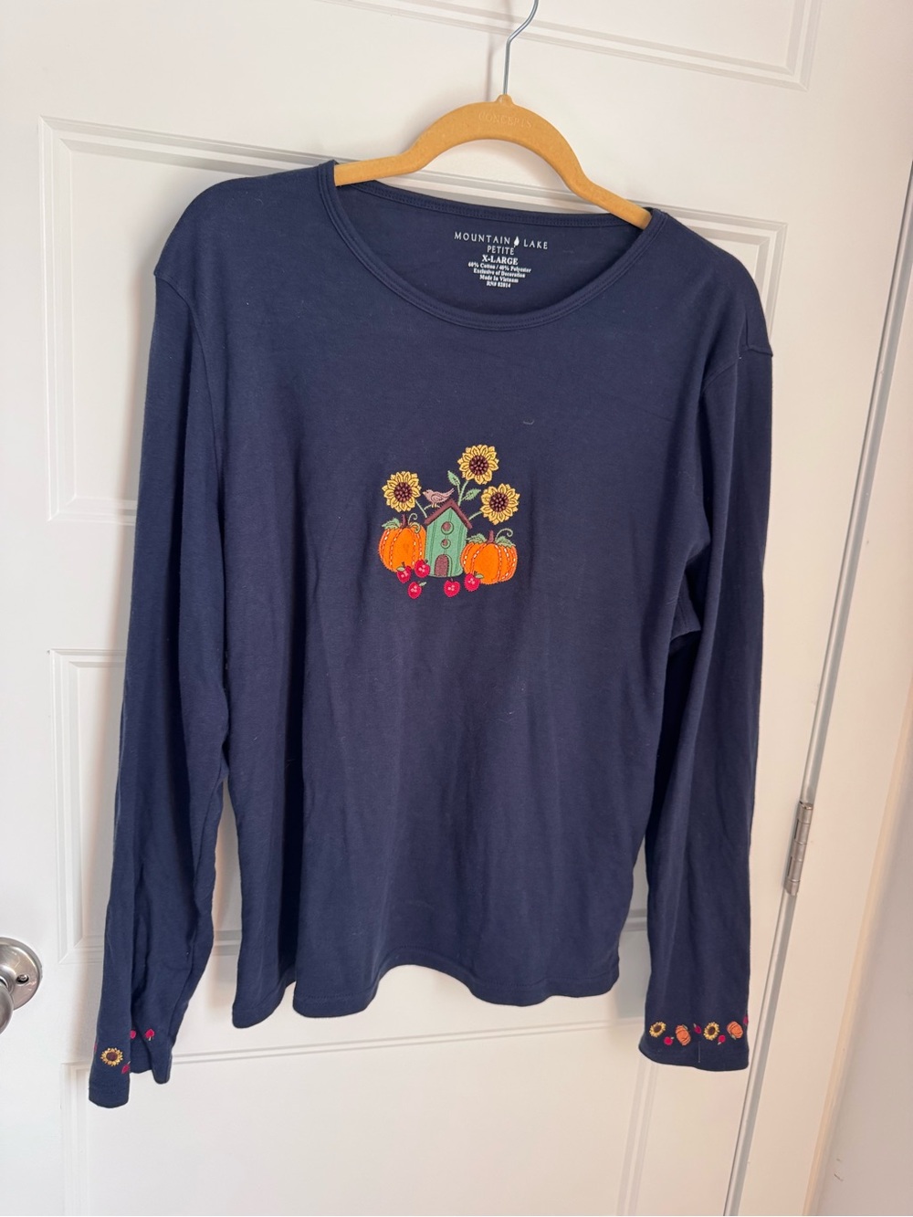 Mountain Lake Navy Long-Sleeve Tee with Sunflower & Pumpkin Embroidery